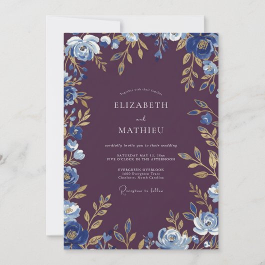 Invitation Mariage Botanique Doré aux Prunes (Devant)