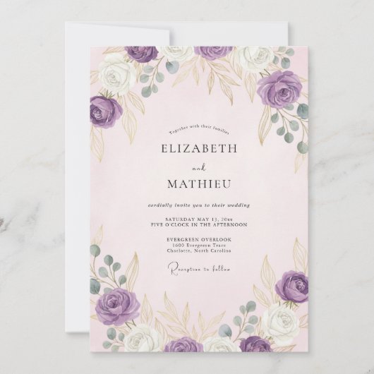 Invitation Mariage Botanique Doré Lavande (Devant)