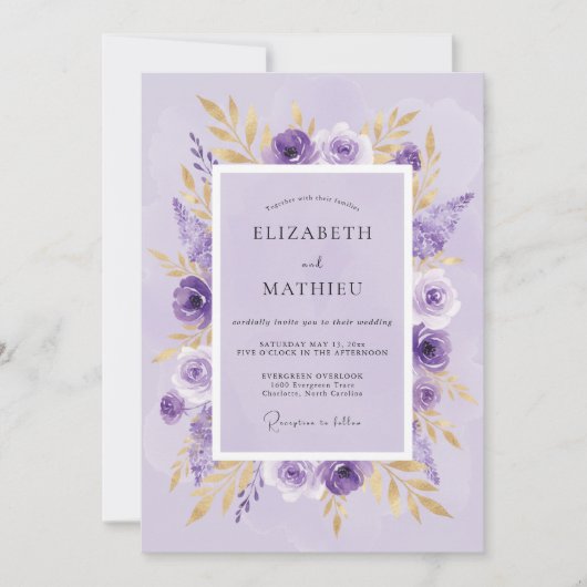 Invitation Mariage Botanique Doré Lilac (Devant)
