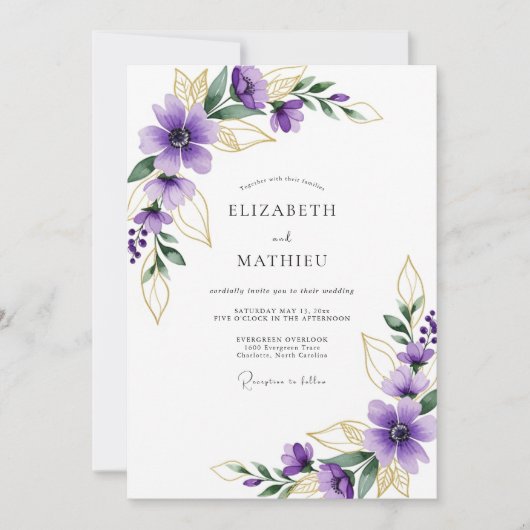 Invitation Mariage botanique doré pourpre (Devant)