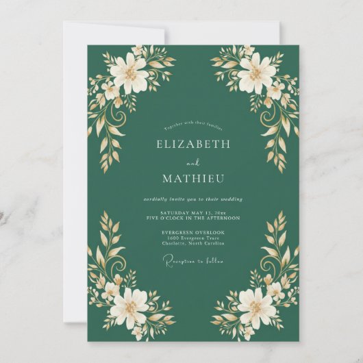 Invitation Mariage botanique doré vert chasseur (Devant)