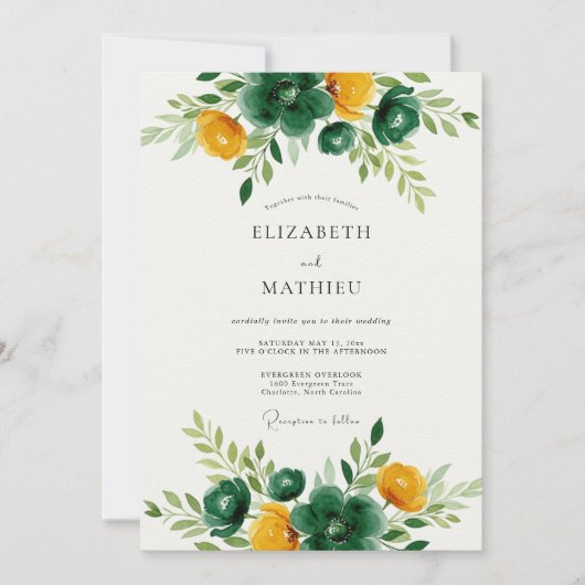 Invitation Mariage Botanique Doré Vert Émeraude (Devant)