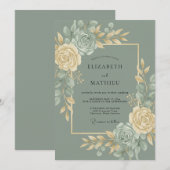 Invitation Mariage Botanique Doré Vert Sauge (Devant / Derrière)