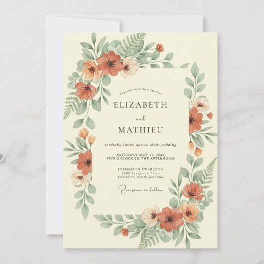 Invitation Mariage Botanique Douce Orange Brûlé (Devant)