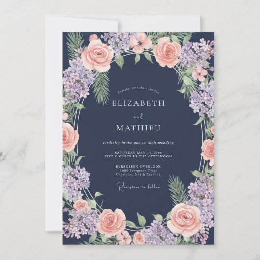 Invitation Mariage Botanique Douce Pêche Navy (Devant)