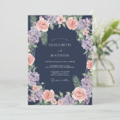 Invitation Mariage Botanique Douce Pêche Navy (Debout devant)