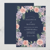 Invitation Mariage Botanique Douce Pêche Navy (Devant / Derrière)