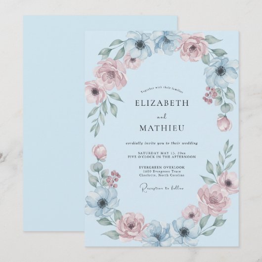 Invitation Mariage Botanique Douceur Ciel Bleu (Devant / Derrière)