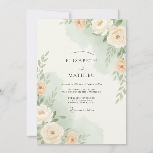Invitation Mariage botanique doux aux pêches (Devant)