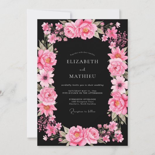 Invitation Mariage Botanique Dramatique Rose Chaud (Devant)