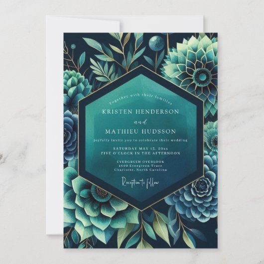 Invitation Mariage botanique dramatique sarcelle (Devant)