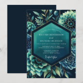 Invitation Mariage botanique dramatique sarcelle (Devant / Derrière)