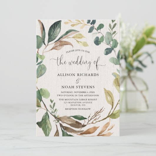 Invitation Mariage botanique du feuillage rustique (Debout devant)