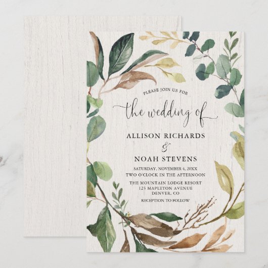 Invitation Mariage botanique du feuillage rustique (Devant / Derrière)