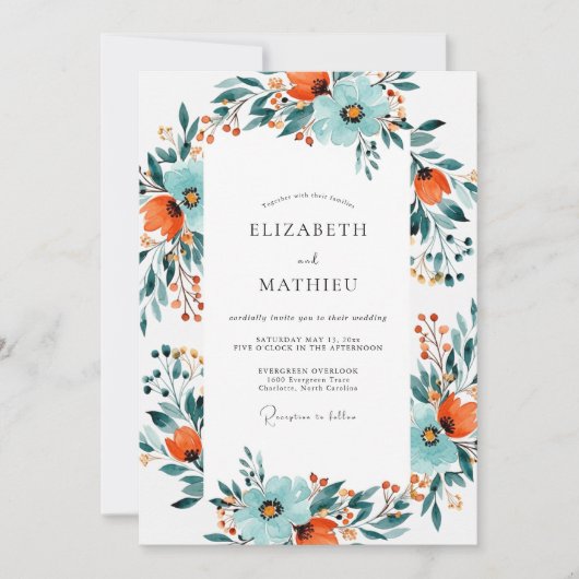 Invitation Mariage Botanique Dynamique Orange Brûlé et Sarcel (Devant)