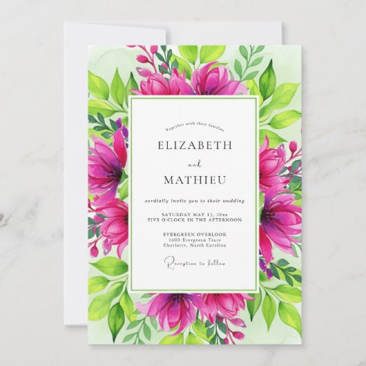 Invitation Mariage Botanique Éblouissant Fuchsia (Devant)