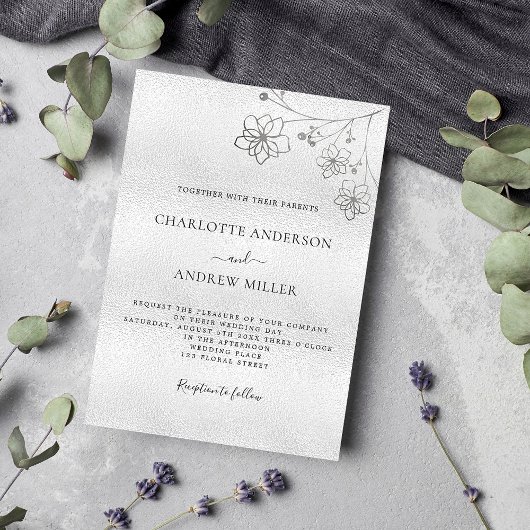 Invitation Mariage botanique élégant à fleurs argentées