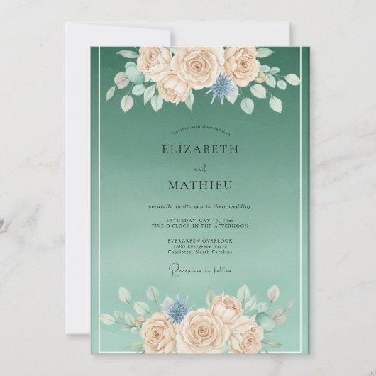 Invitation Mariage Botanique Élégant au Vert Mousse de Mer (Devant)