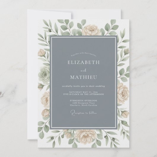Invitation Mariage Botanique Élégant Bleu Ardoise (Devant)