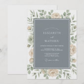 Invitation Mariage Botanique Élégant Bleu Ardoise (Devant / Derrière)