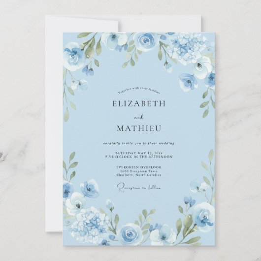 Invitation Mariage Botanique Élégant Bleu Ciel (Devant)
