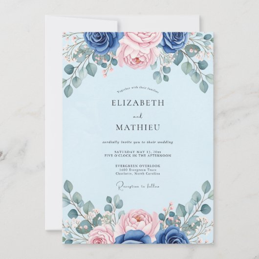 Invitation Mariage Botanique Élégant Bleu Clair (Devant)