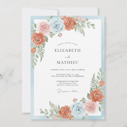 Invitation Mariage Botanique Élégant Bleu Corail (Devant)