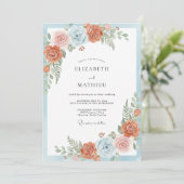 Invitation Mariage Botanique Élégant Bleu Corail (Debout devant)