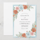 Invitation Mariage Botanique Élégant Bleu Corail (Devant / Derrière)