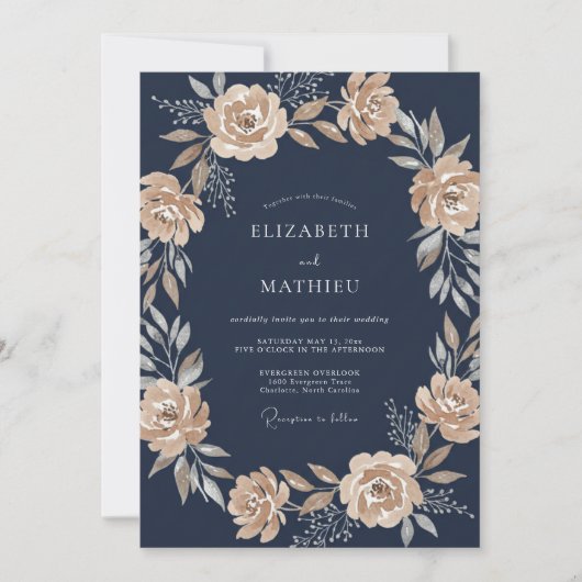 Invitation Mariage Botanique Élégant Bleu Marine (Devant)