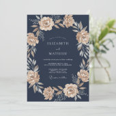 Invitation Mariage Botanique Élégant Bleu Marine (Debout devant)