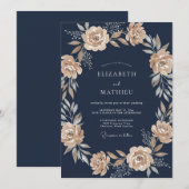 Invitation Mariage Botanique Élégant Bleu Marine (Devant / Derrière)