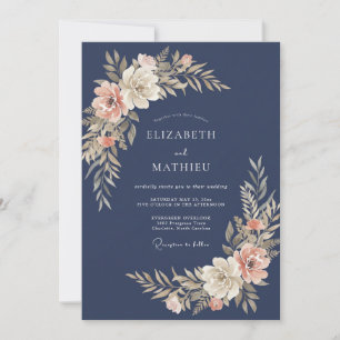 Invitation Mariage Botanique Élégant Bleu Nuit
