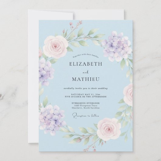Invitation Mariage Botanique Élégant Bleu Pâle (Devant)