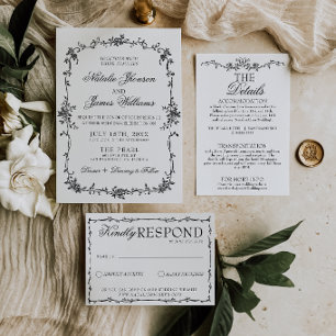 Invitation Mariage Botanique Élégant Fleurs Noires et Blanche