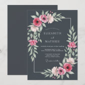 Invitation Mariage Botanique Élégant Gris Acier (Devant / Derrière)