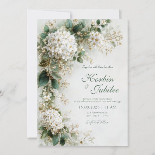 Invitation Mariage Botanique Élégant Hydrangea Blanc Or (Devant)