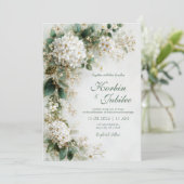 Invitation Mariage Botanique Élégant Hydrangea Blanc Or (Debout devant)
