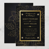 Invitation Mariage Botanique Élégant Noir et Or (Devant / Derrière)