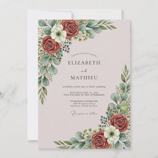 Invitation Mariage Botanique Élégant Rose Poussiéreux (Devant)