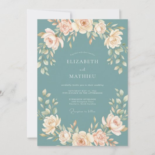 Invitation Mariage Botanique Élégant Sarcelle (Devant)