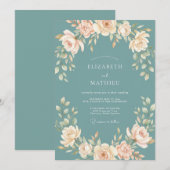 Invitation Mariage Botanique Élégant Sarcelle (Devant / Derrière)