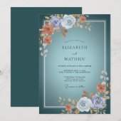 Invitation Mariage Botanique Élégant Sarcelle (Devant / Derrière)