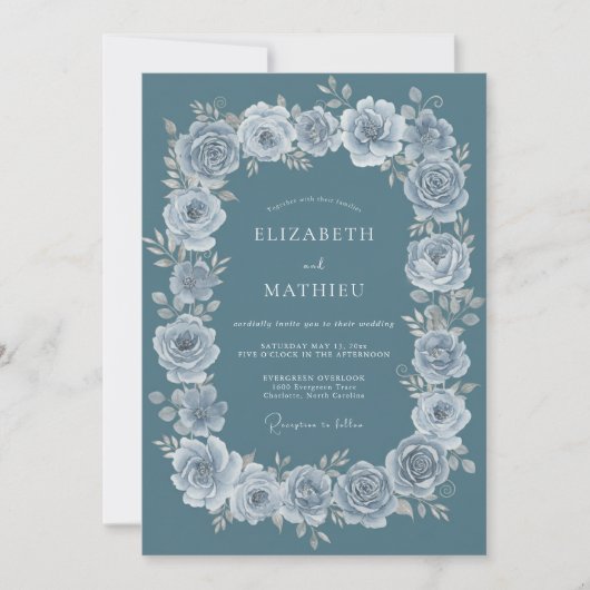 Invitation Mariage Botanique Élégant Sarcelle Poussiéreuse (Devant)