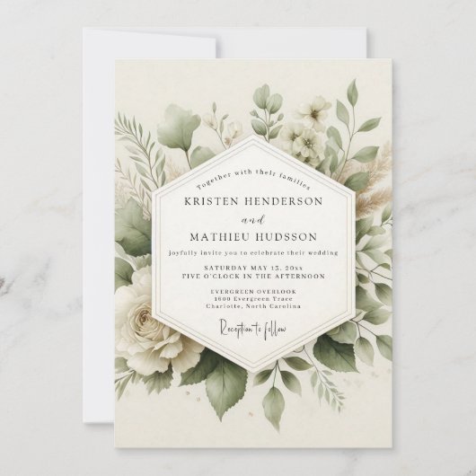 Invitation Mariage Botanique Élegant Vert Sauge (Devant)