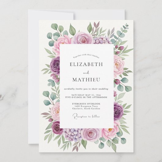 Invitation Mariage Botanique Élégant Violet (Devant)