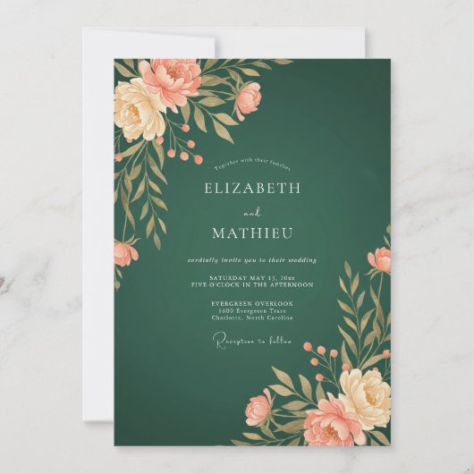 Invitation Mariage Botanique Émeraude et Pêche (Devant)