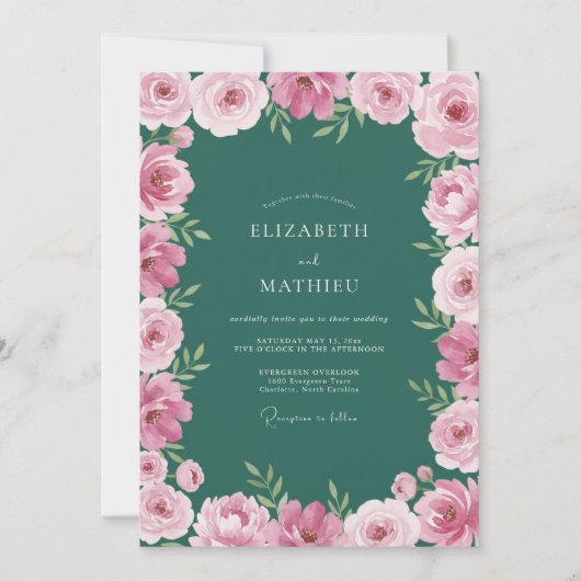 Invitation Mariage Botanique Émeraude Vert Peint (Devant)