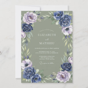 Invitation Mariage Botanique Émouvant Vert Sauge et Navy