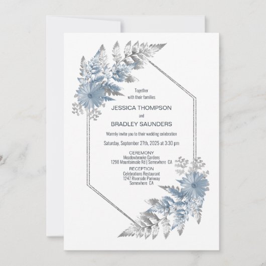 Invitation Mariage botanique en argent bleu (Devant)
